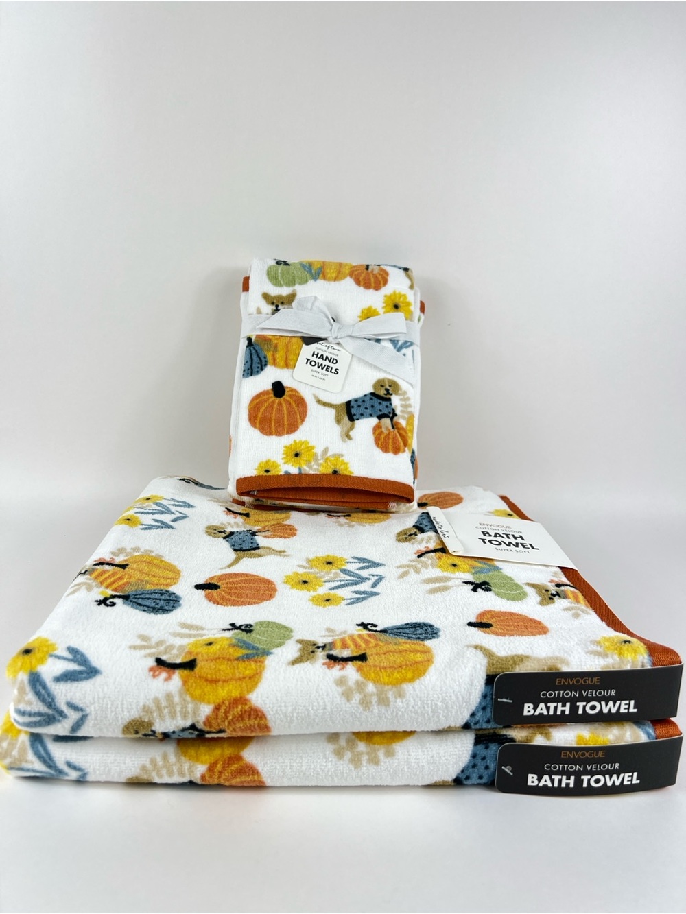 Envogue Bath Towel Set Pumpkin Puppies Fall Colors Soft Cotton Velour 4 Pc NEW